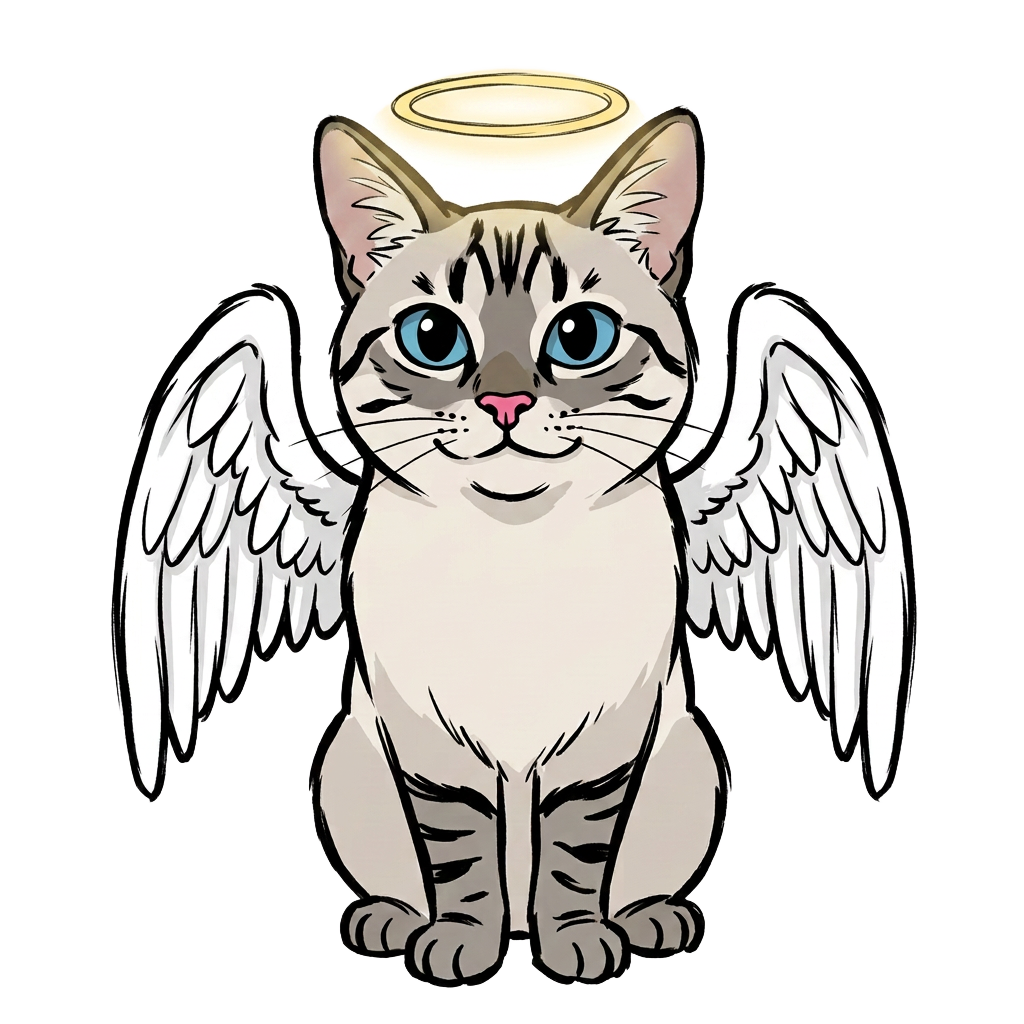 Angel Cat, a hand-drawn cartoon cat with angel wings and a gold halo